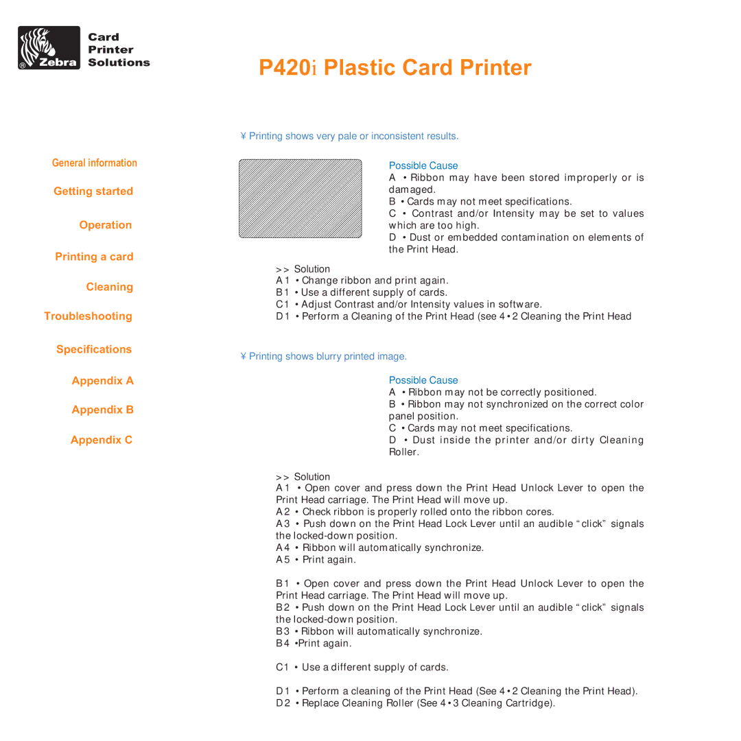 Zebra Technologies P420i user manual Printing shows very pale or inconsistent results 