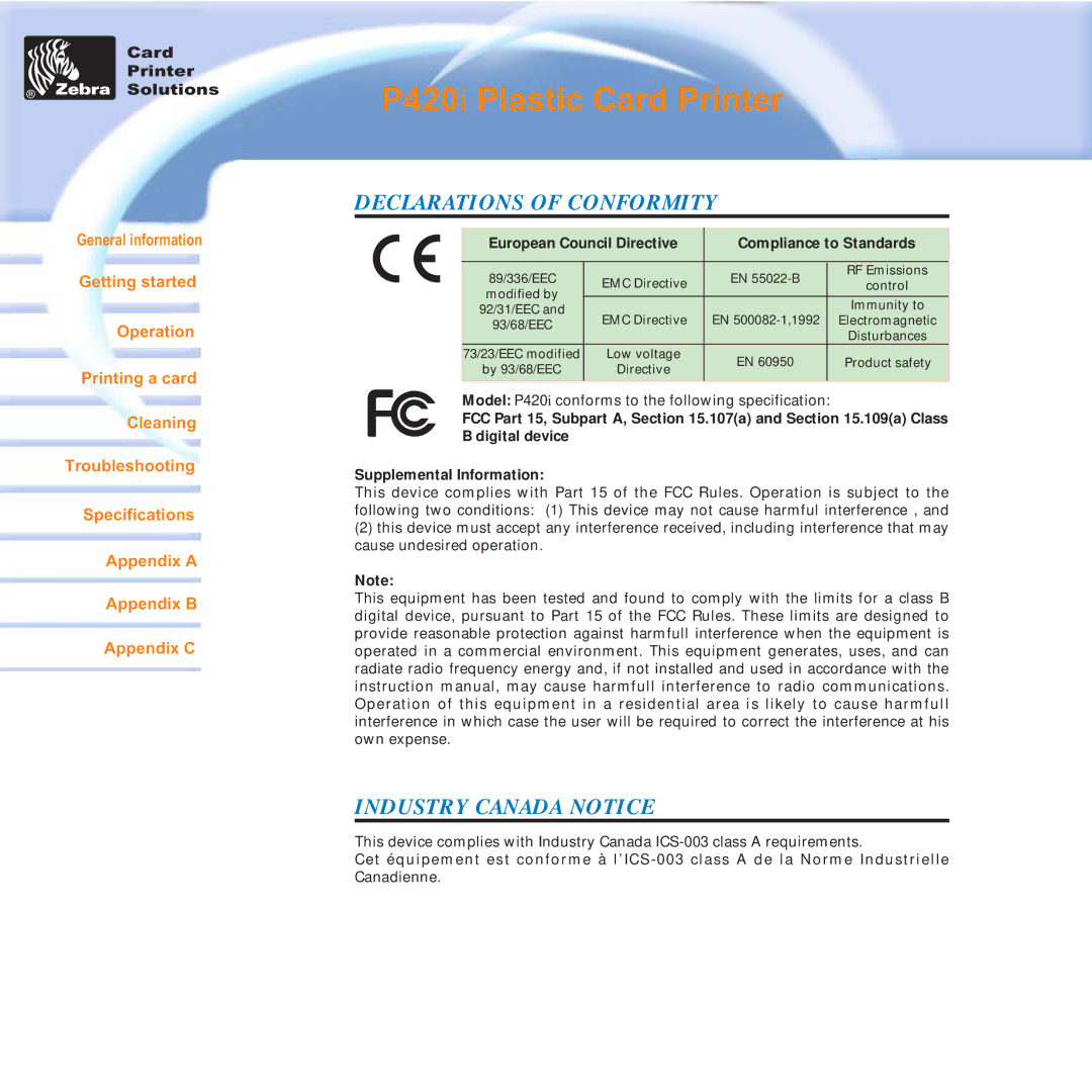 Zebra Technologies P420i user manual Declarations of Conformity 