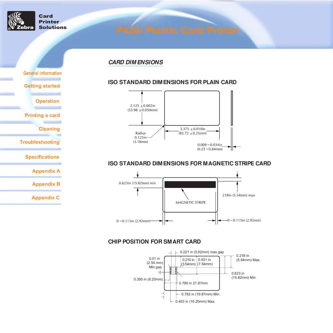 Zebra Technologies P420i user manual Card Dimensions 