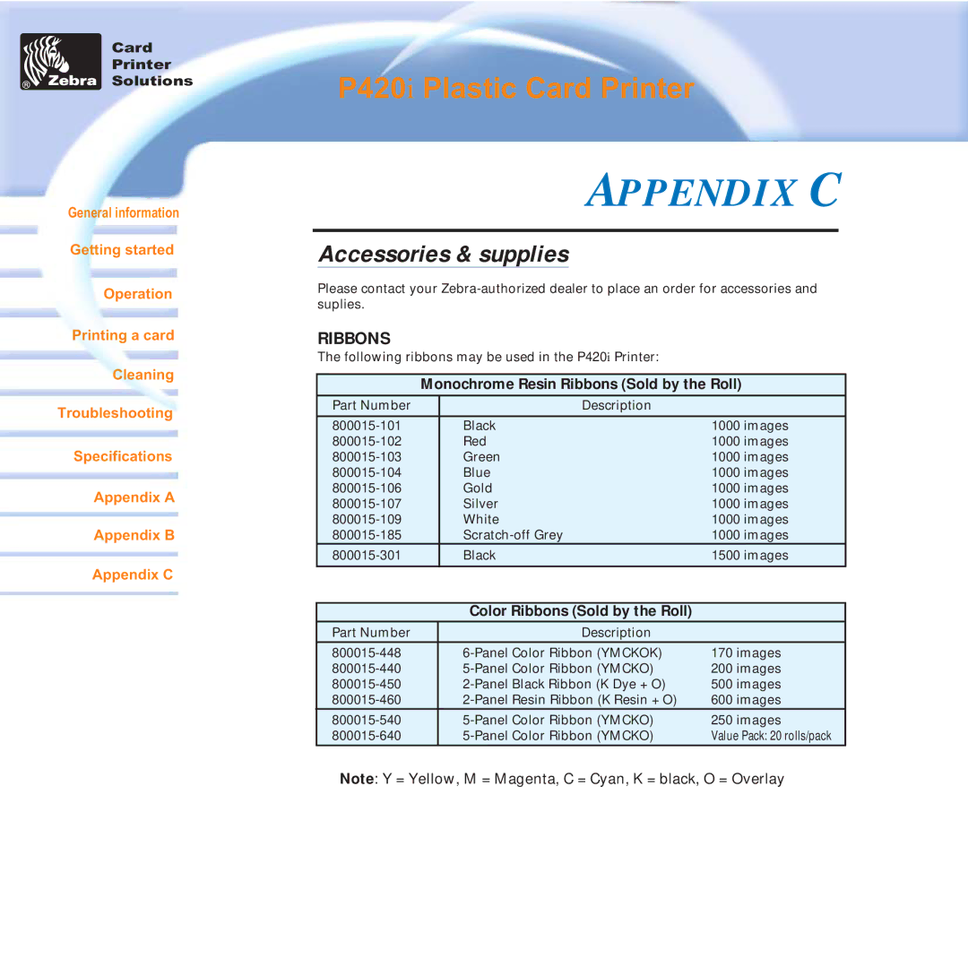 Zebra Technologies P420i user manual Appendix C, Accessories & supplies, Ribbons 