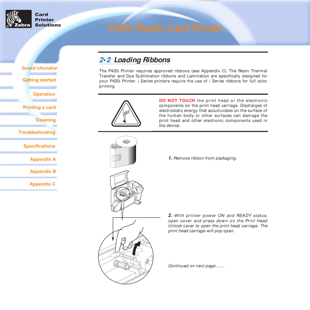 Zebra Technologies user manual Loading Ribbons, P420i Plastic Card Printer, Appendix C 