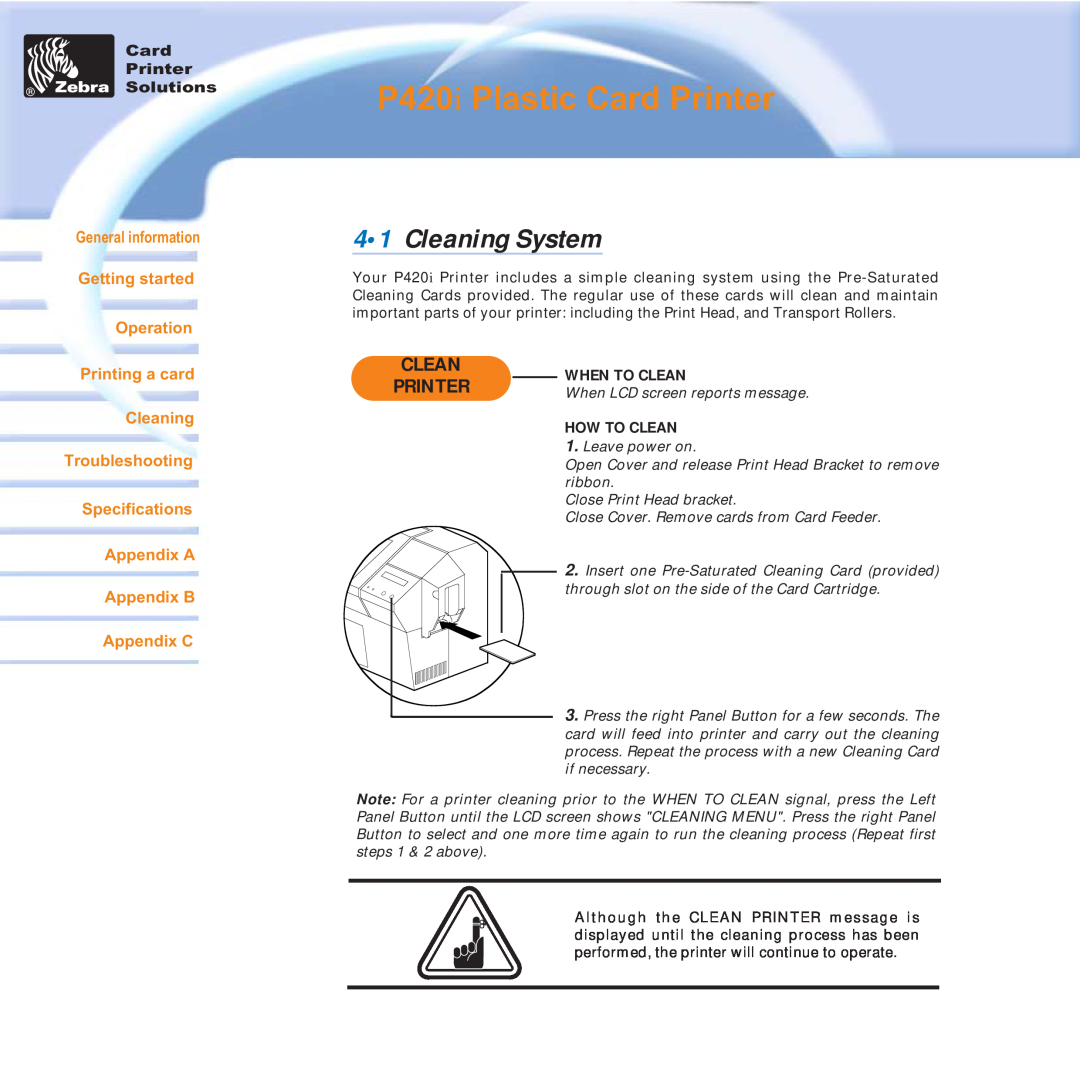 Zebra Technologies user manual Cleaning System, P420i Plastic Card Printer, Appendix C 