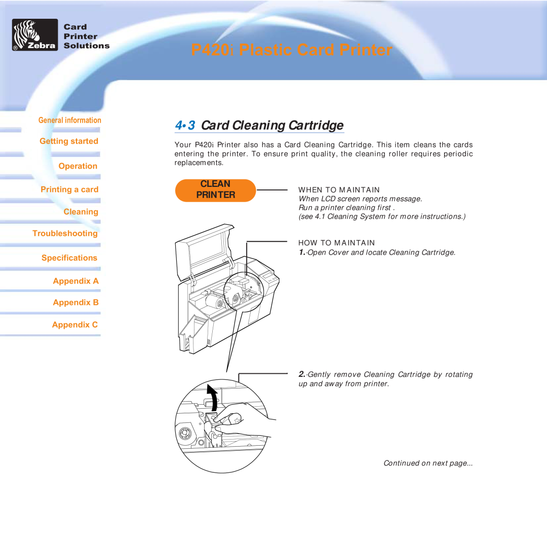 Zebra Technologies user manual Card Cleaning Cartridge, P420i Plastic Card Printer, Appendix C 