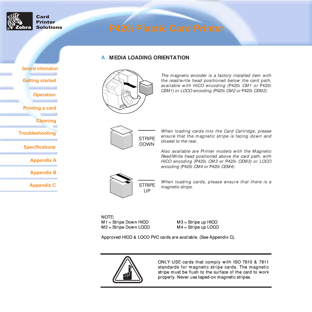 Zebra Technologies user manual A . ·Media Loading Orientation, P420i Plastic Card Printer, Appendix C 