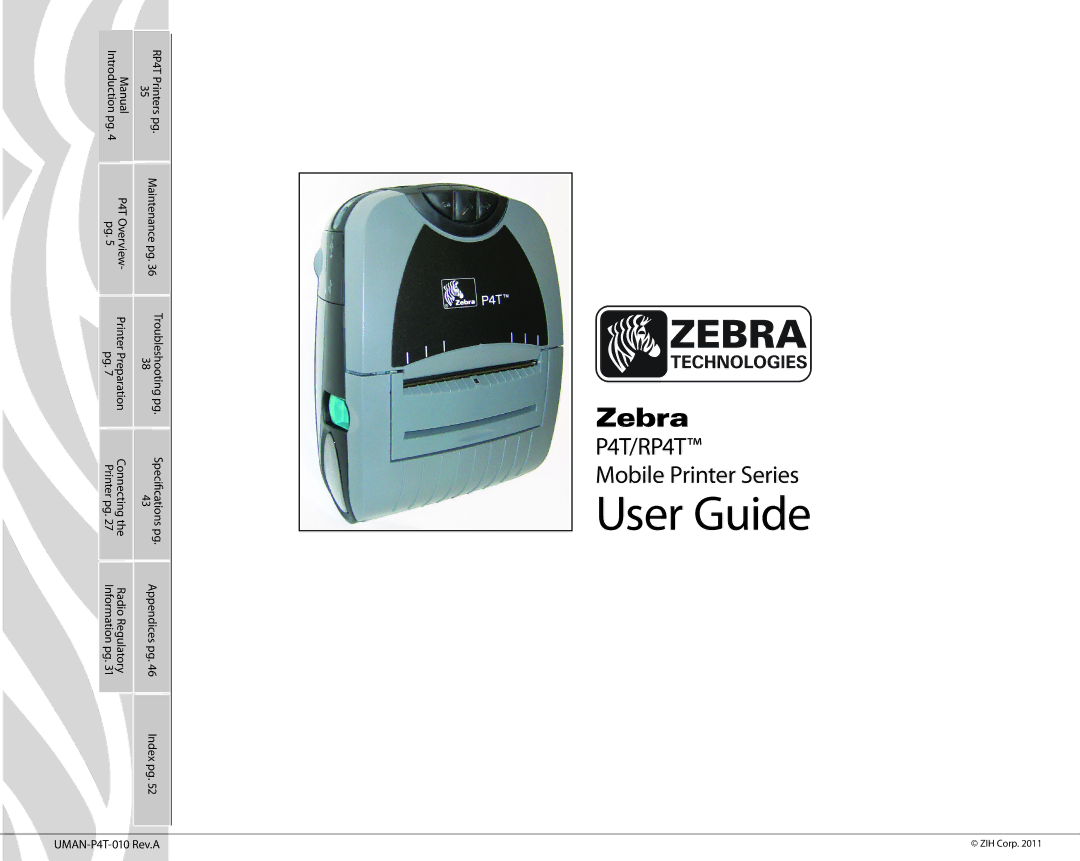 Zebra Technologies manual Manual Introduction RP4T Printers, Printer Preparation pg, Index pg, UMAN-P4T-010 Rev.A 