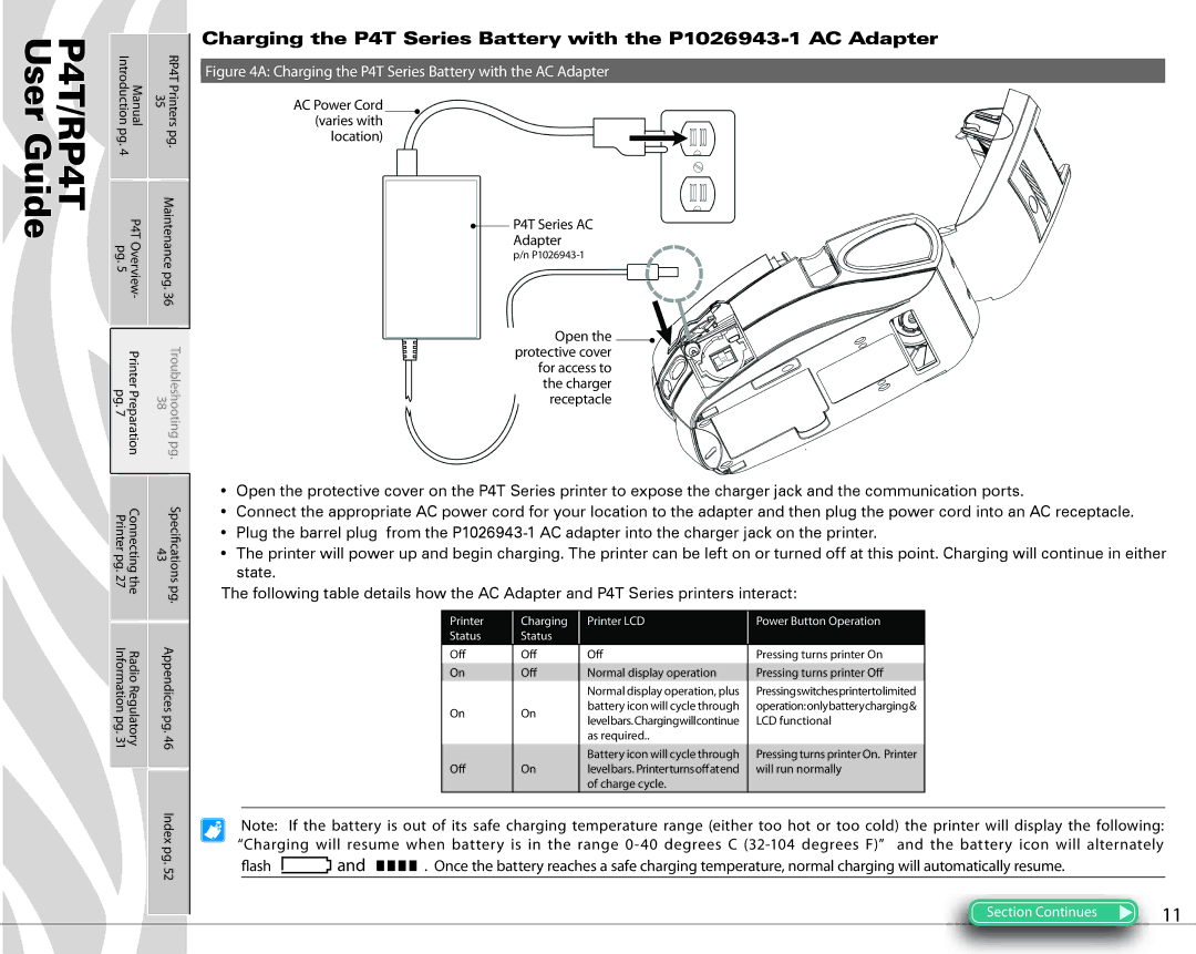 Zebra Technologies manual AC Power Cord varies with Location P4T Series AC Adapter 