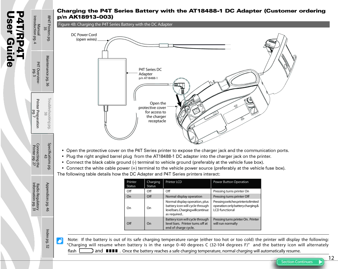 Zebra Technologies manual P4T Series DC Adapter, DC Power Cord open wires 