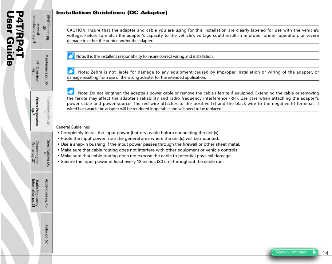 Zebra Technologies P4T manual Installation Guidelines DC Adapter 