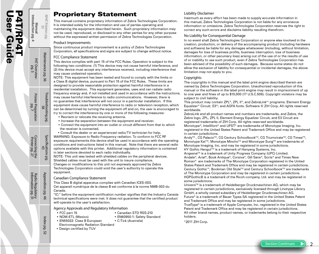 Zebra Technologies P4T manual Proprietary Statement 