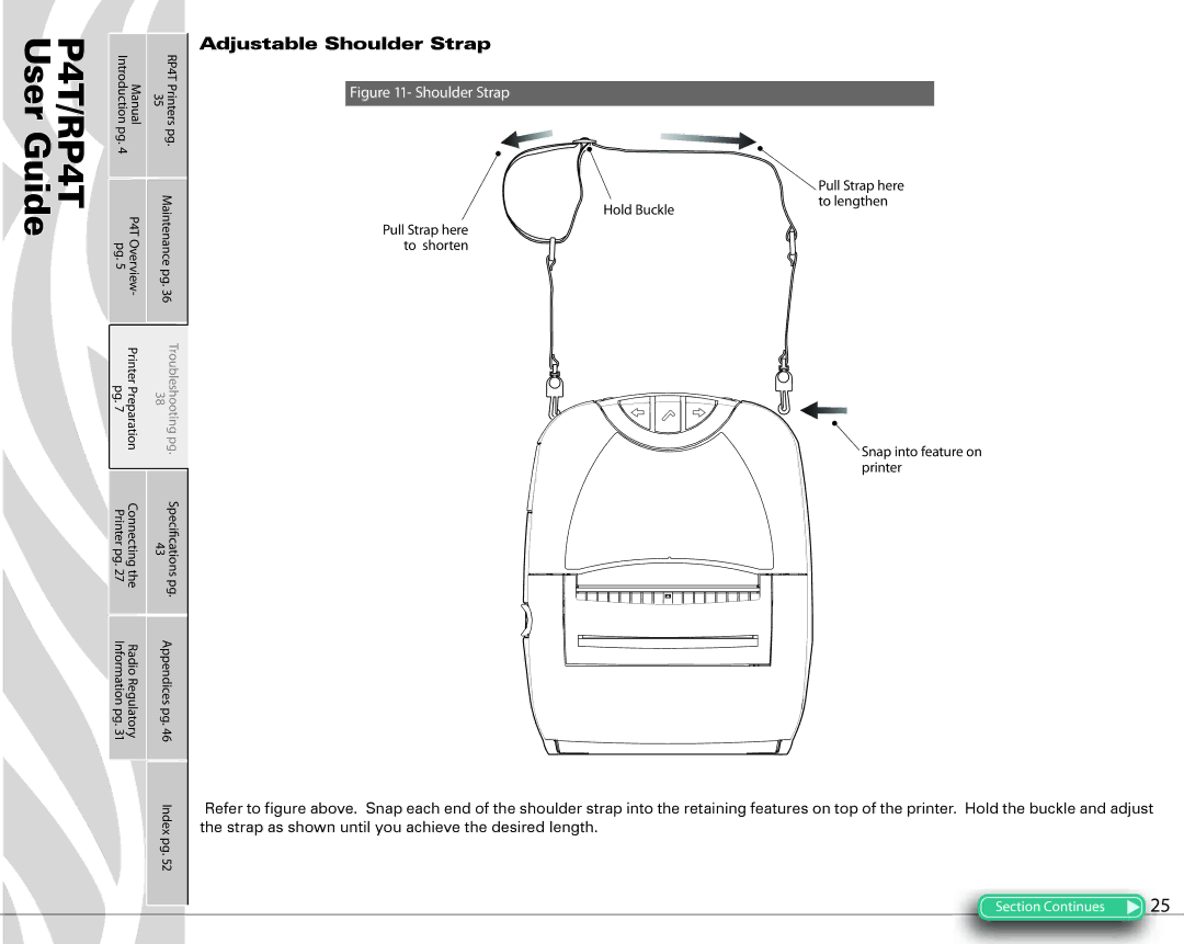 Zebra Technologies P4T Adjustable Shoulder Strap, Hold Buckle To lengthen, Snap into feature on printer, Pull Strap here 