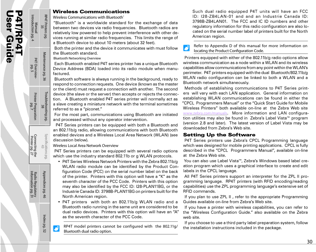 Zebra Technologies P4T manual Wireless Communications, Setting Up the Software, Bluetooth Networking Overview 