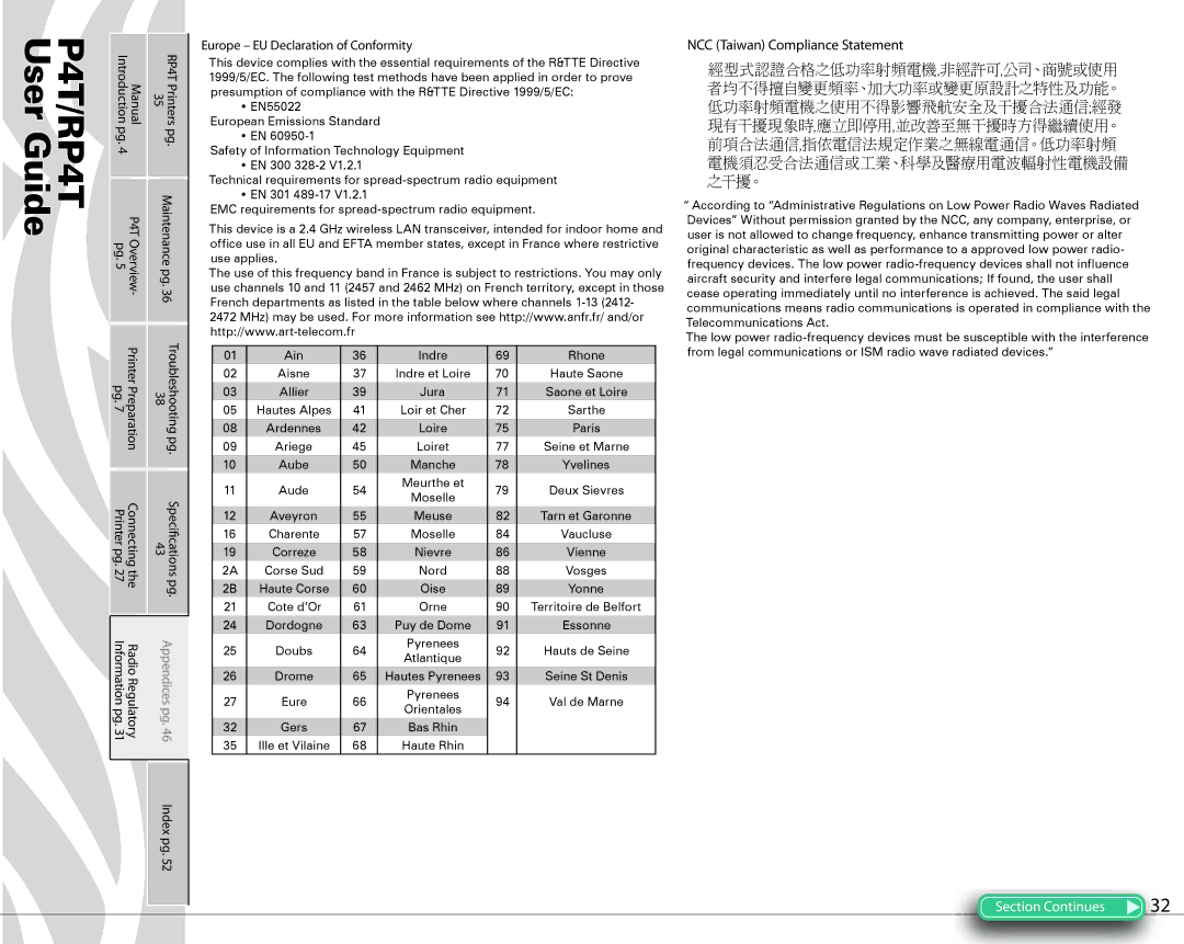 Zebra Technologies P4T manual NCC Taiwan Compliance Statement, Europe EU Declaration of Conformity 