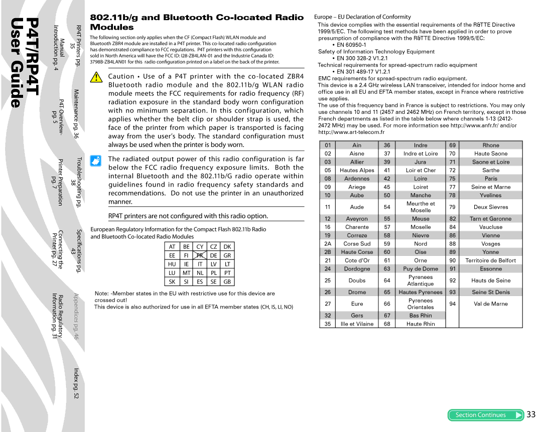 Zebra Technologies P4T manual 802.11b/g and Bluetooth Co-located Radio Modules 