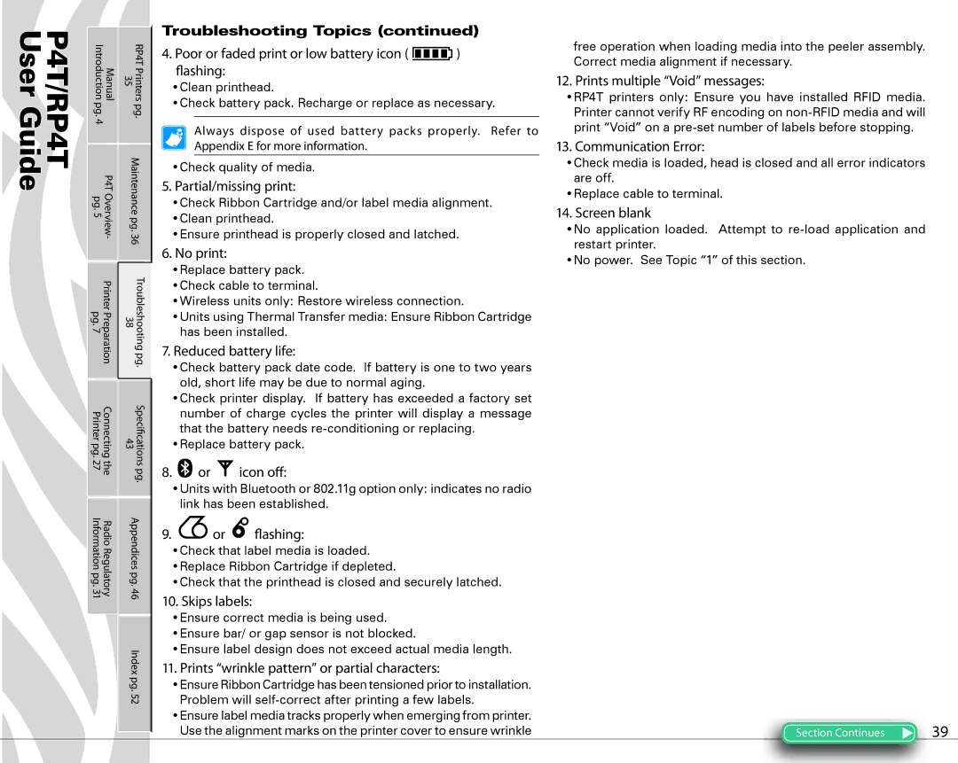 Zebra Technologies P4T manual Troubleshooting Topics, Poor or faded print or low battery icon flashing 