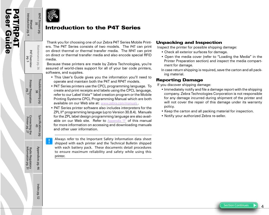 Zebra Technologies manual Introduction to the P4T Series, Unpacking and Inspection, Reporting Damage 