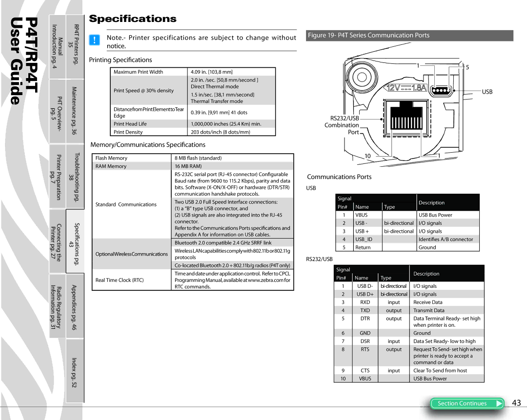 Zebra Technologies manual P4T/RP4T User, Printing Specifications, Connecting Printer pg 