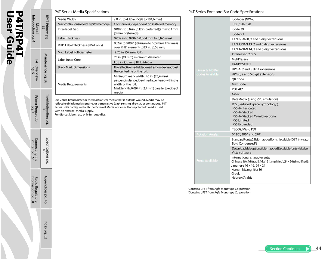 Zebra Technologies P4T manual Radio Information, Rotation Angles Fonts Available 