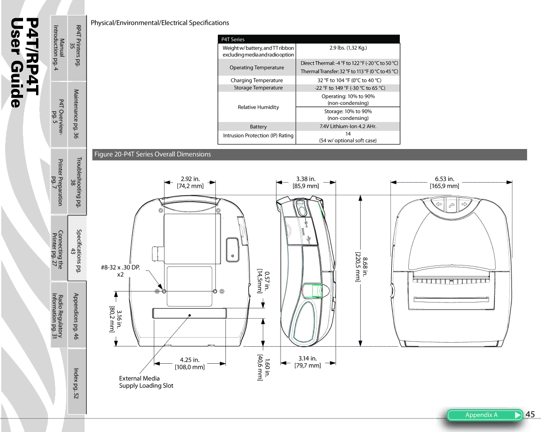 Zebra Technologies P4T manual Physical/Environmental/Electrical Specifications, 220,5 mm 57 in ,5mm, 80,2 mm 