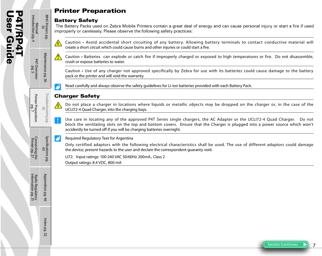 Zebra Technologies P4T manual Printer Preparation, Battery Safety, Charger Safety 