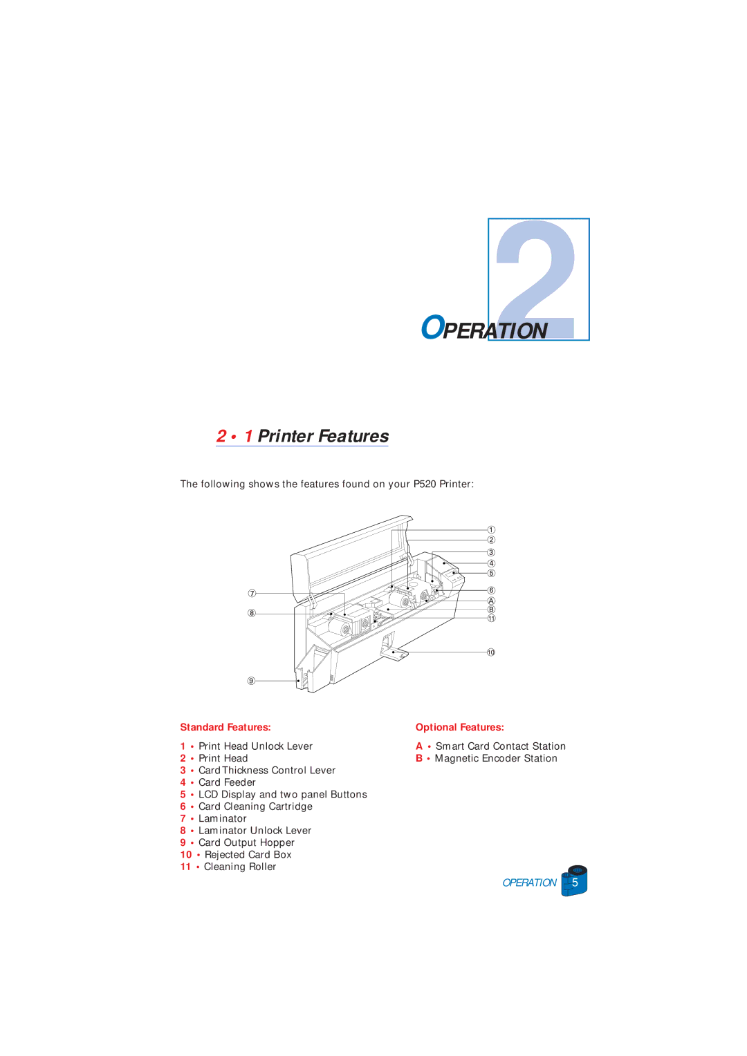 Zebra Technologies P520 user manual OPERATION2, Printer Features 