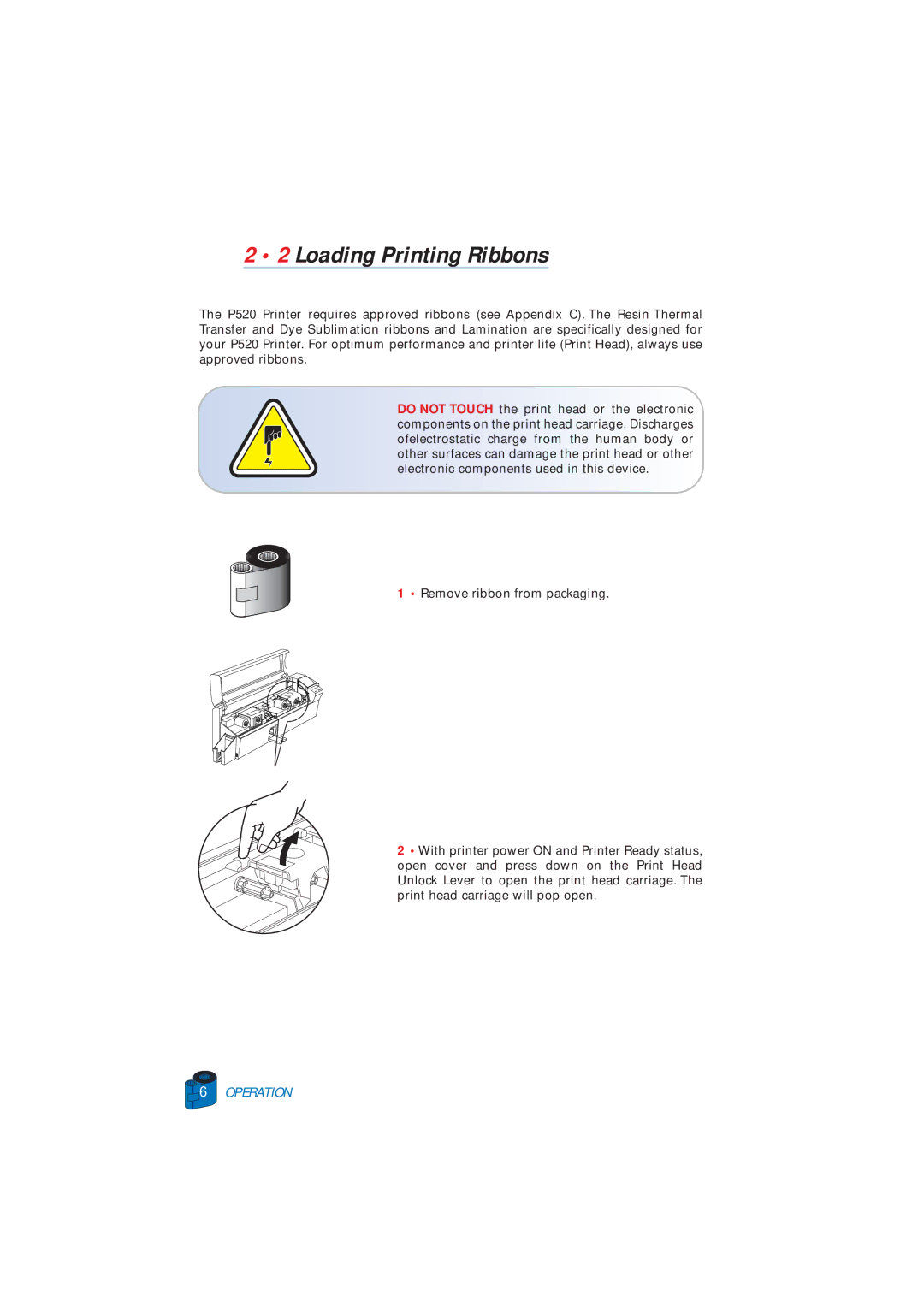 Zebra Technologies P520 user manual Loading Printing Ribbons 