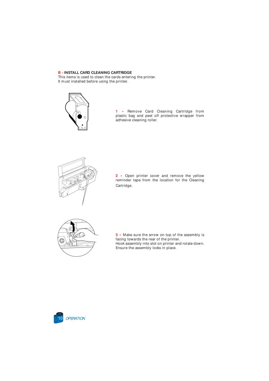 Zebra Technologies P520 user manual Operation, Install Card Cleaning Cartridge 