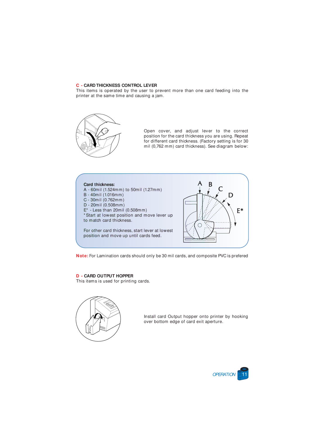 Zebra Technologies P520 user manual Card Thickness Control Lever, Card thickness, Card Output Hopper 