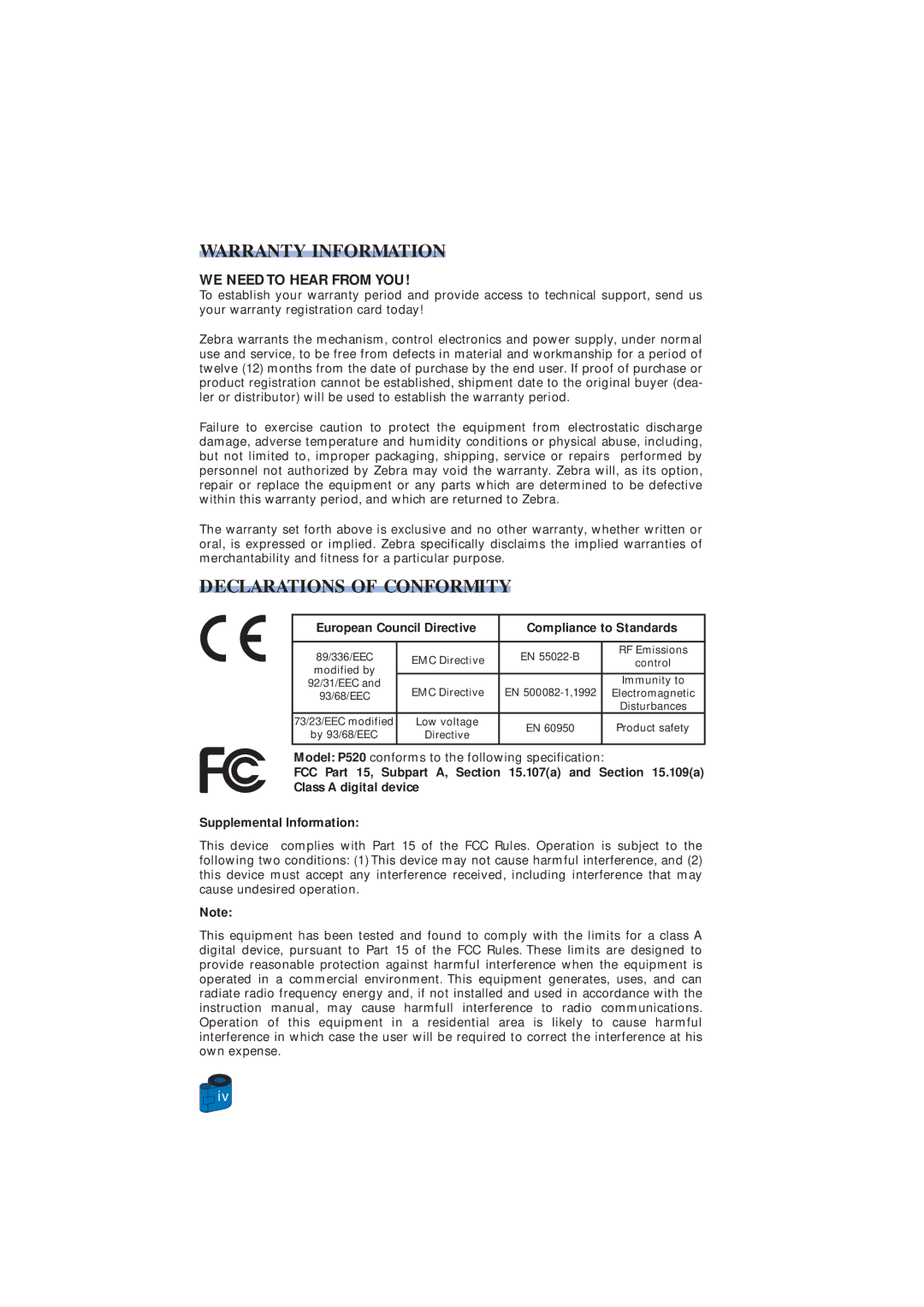 Zebra Technologies P520 user manual Warranty Information, European Council Directive Compliance to Standards 