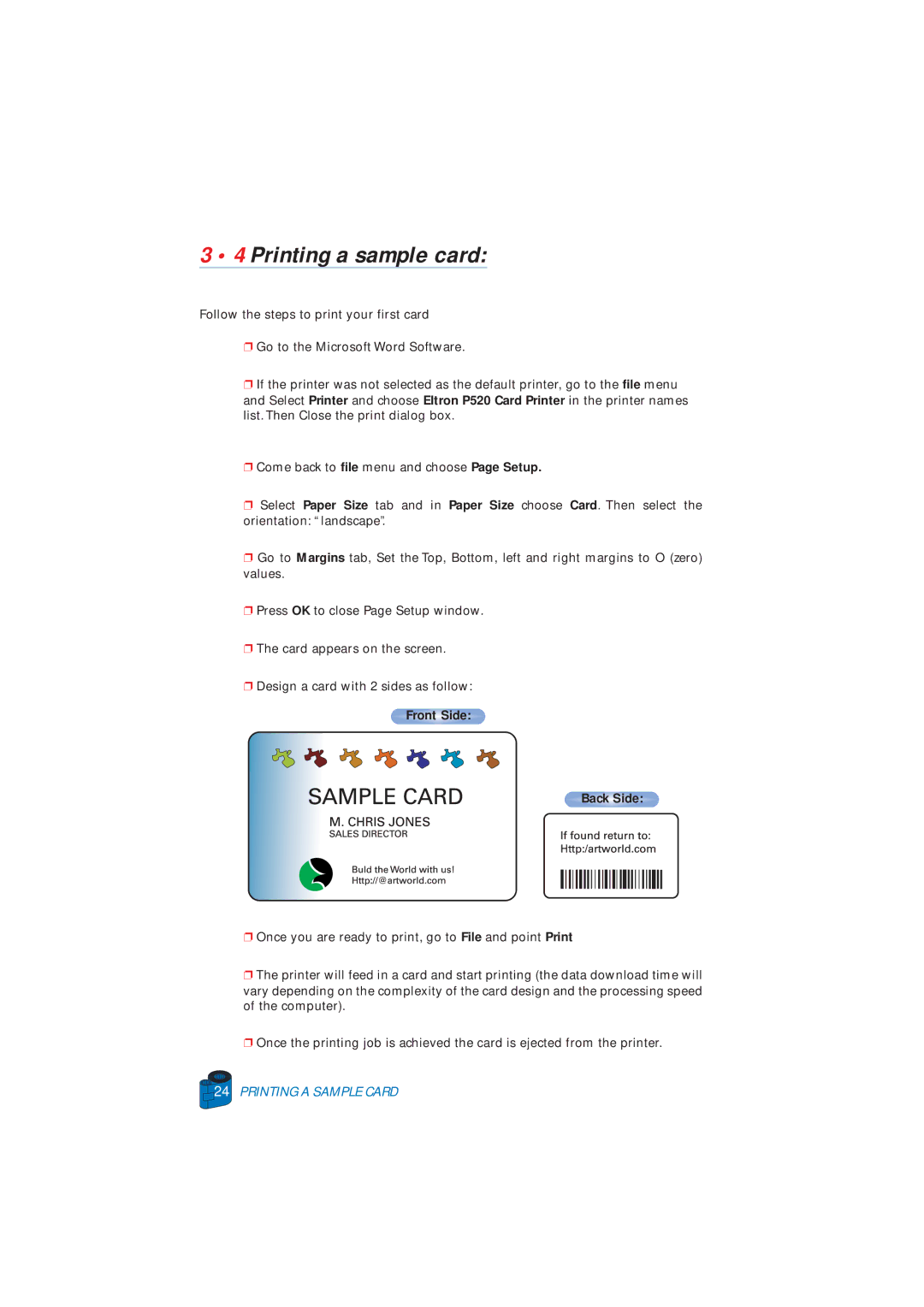 Zebra Technologies P520 user manual Printing a sample card, Front Side Back Side 