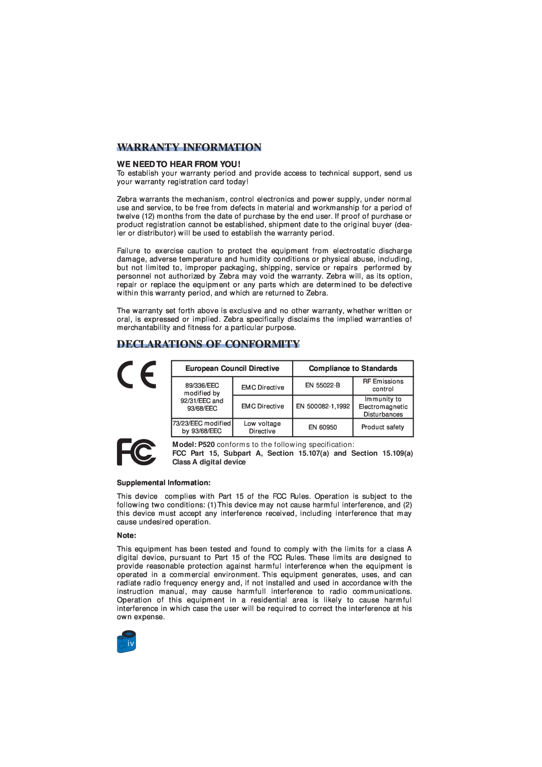 Zebra Technologies P520 user manual Warranty Information, Declarations Of Conformity, European Council Directive 