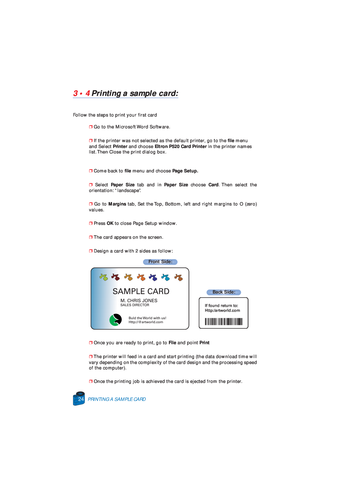 Zebra Technologies P520 user manual 3 4 Printing a sample card, Printing A Sample Card, Front Side Back Side 