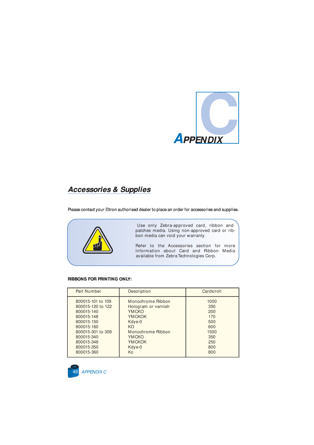 Zebra Technologies P520 user manual Accessories & Supplies, Appendix C, Ribbons For Printing Only 