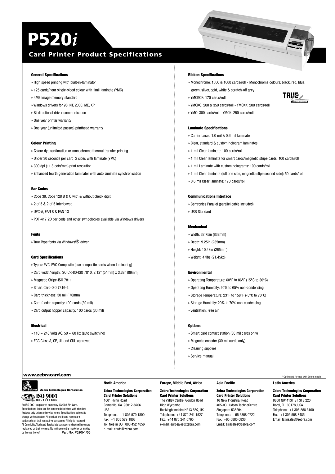 Zebra Technologies P520i General Specifications, Colour Printing, Bar Codes, Fonts, Card Specifications, Electrical 