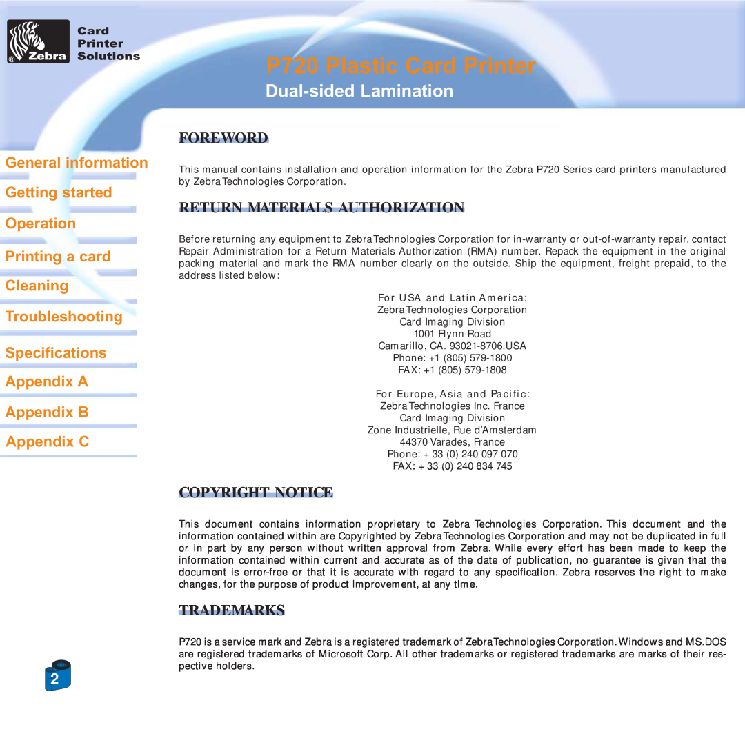 Zebra Technologies Foreword, Return Materials Authorization, Copyright Notice, Trademarks, P720 Plastic Card Printer 