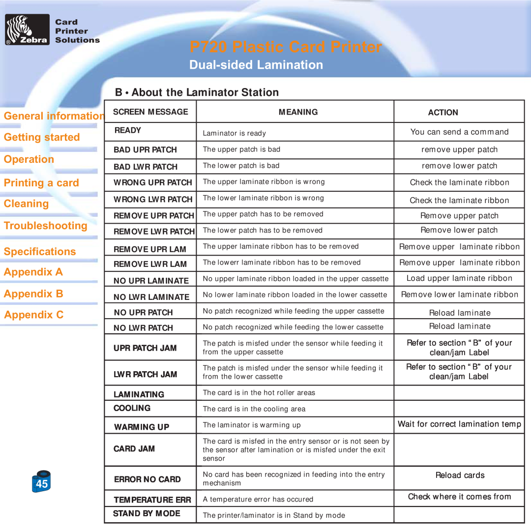 Zebra Technologies specifications B About the Laminator Station, P720 Plastic Card Printer, Dual-sided Lamination 