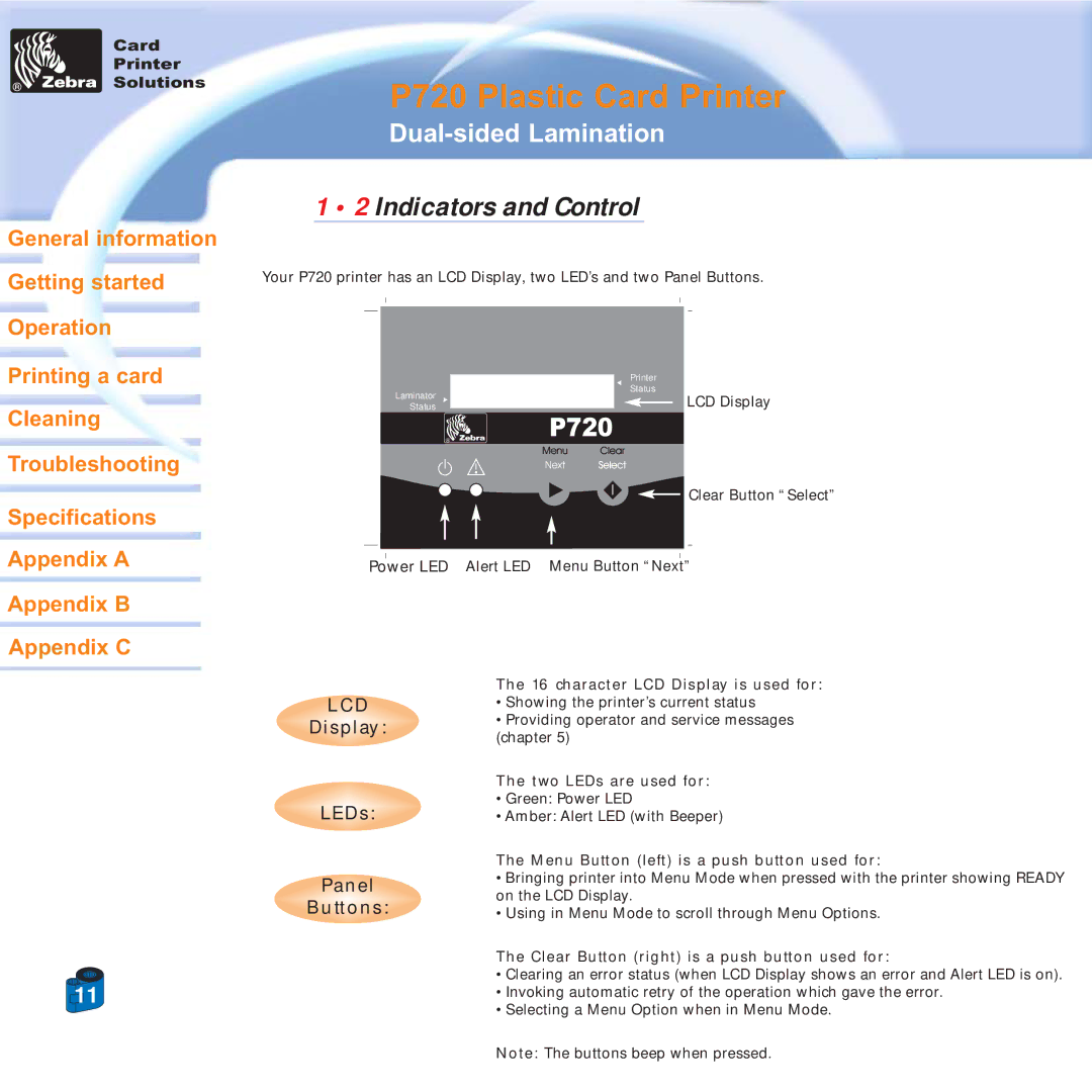 Zebra Technologies P720 specifications Indicators and Control 