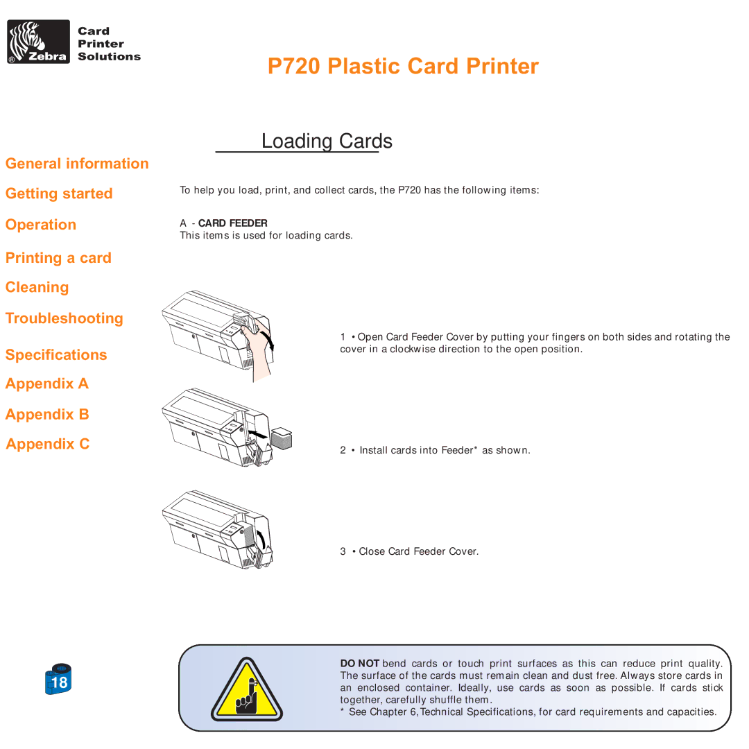 Zebra Technologies P720 specifications Loading Cards, Card Feeder 