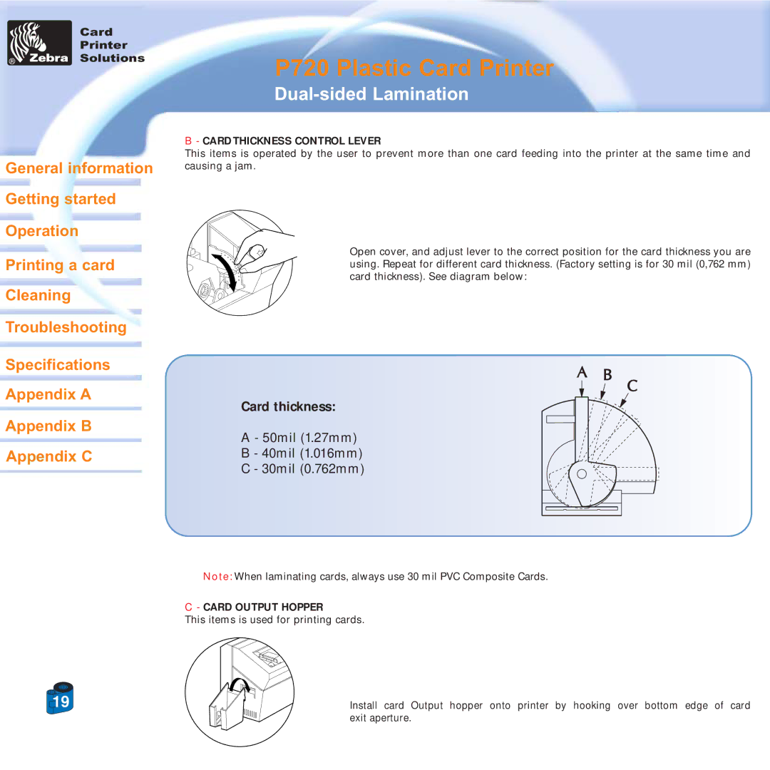 Zebra Technologies P720 specifications Card Thickness Control Lever, Card Output Hopper 