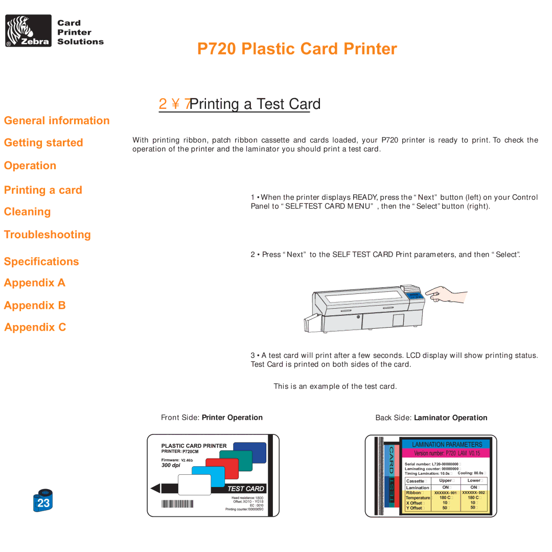 Zebra Technologies P720 specifications Printing a Test Card, Back Side Laminator Operation 