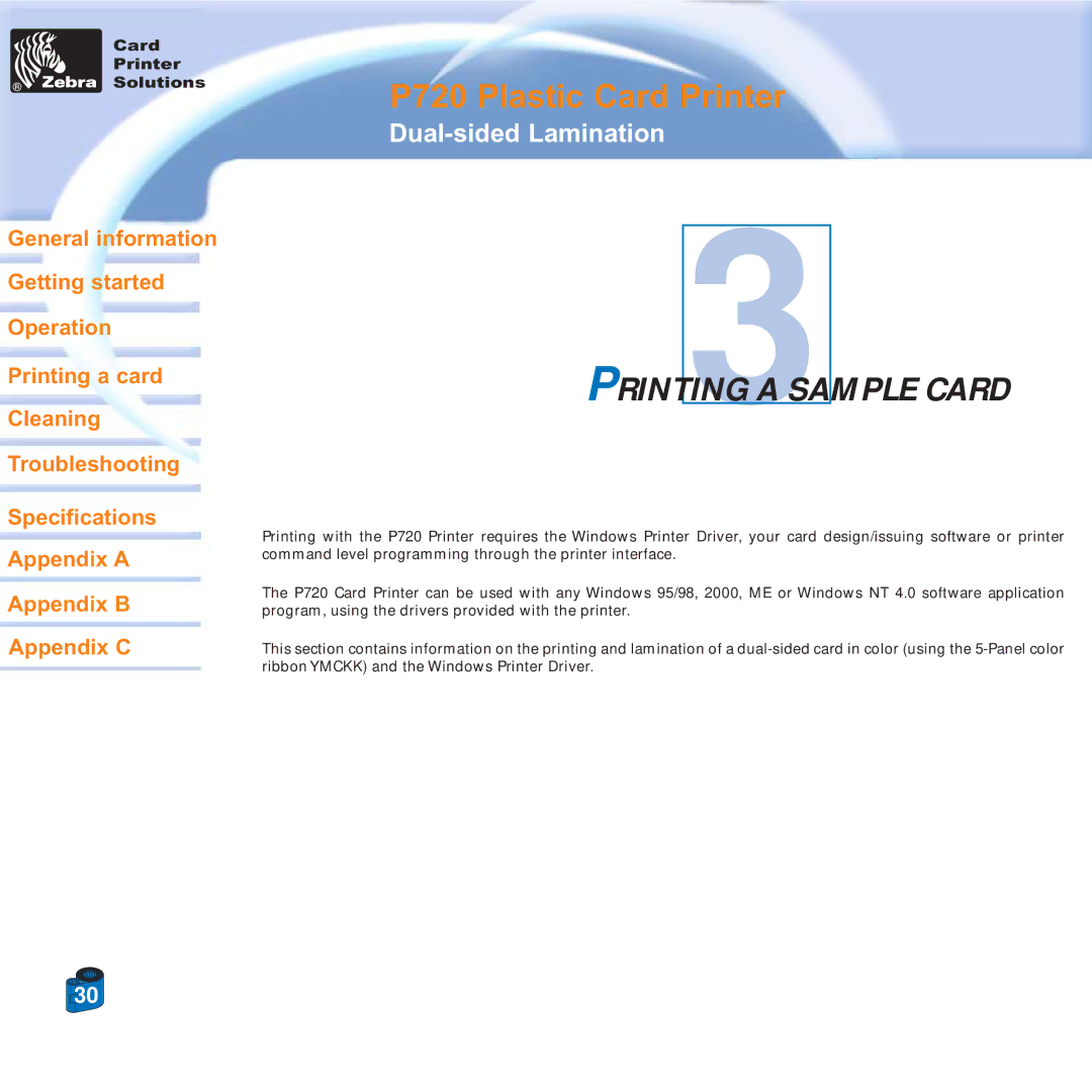 Zebra Technologies P720 specifications PRINTING3A Sample Card 