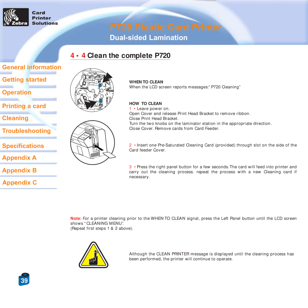 Zebra Technologies specifications Clean the complete P720 