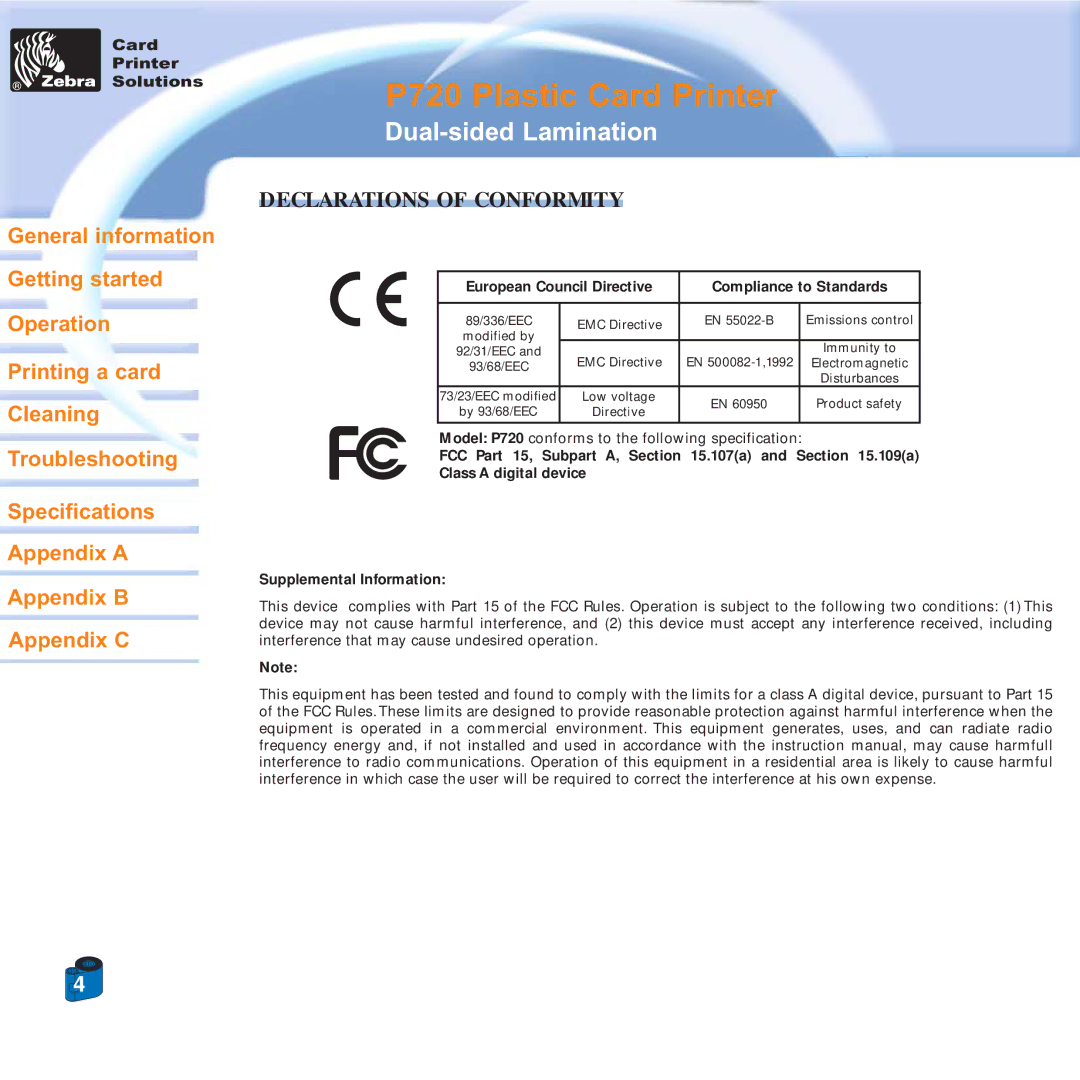 Zebra Technologies P720 specifications Declarations of Conformity 