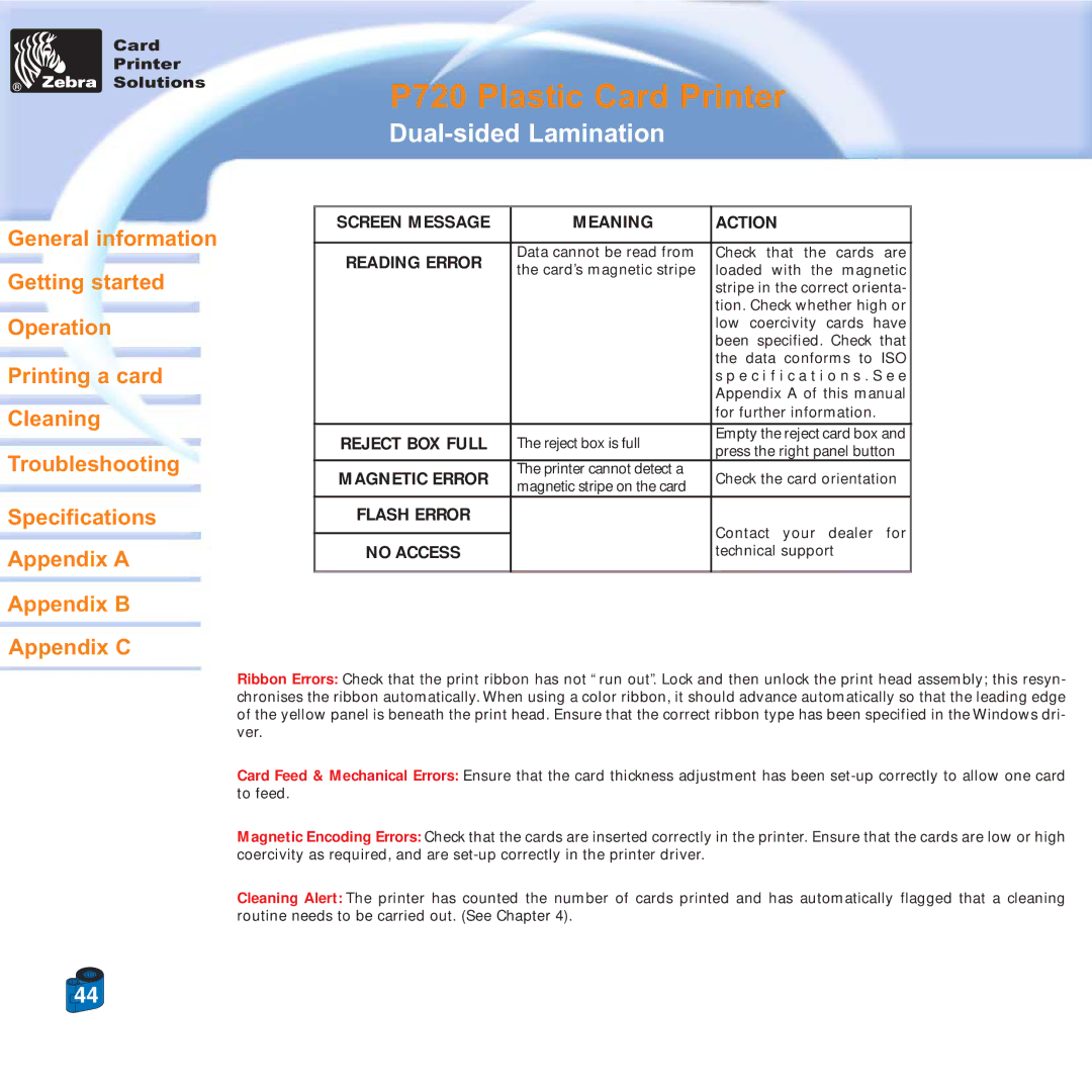 Zebra Technologies P720 specifications Reject BOX Full 