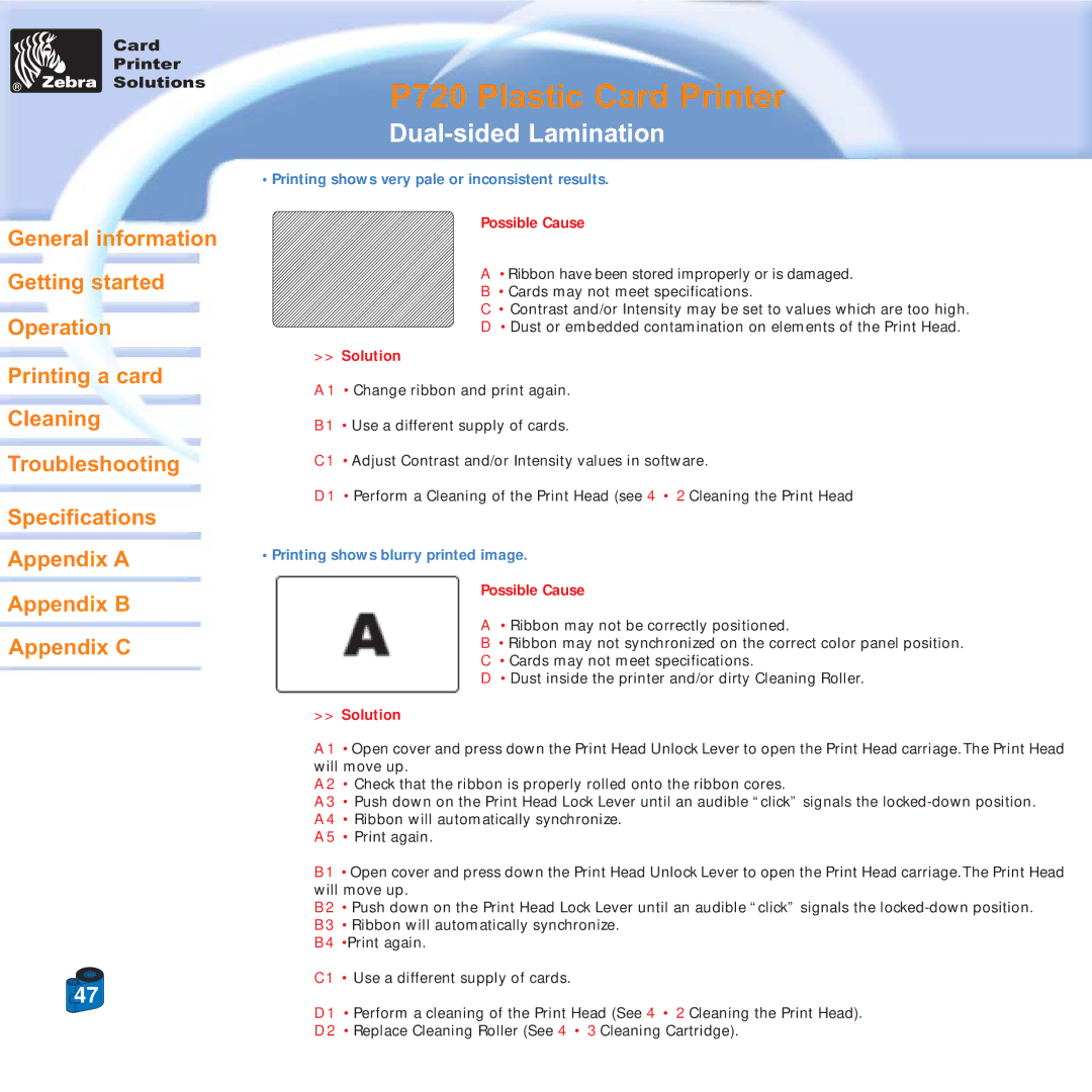 Zebra Technologies P720 specifications Printing shows very pale or inconsistent results 