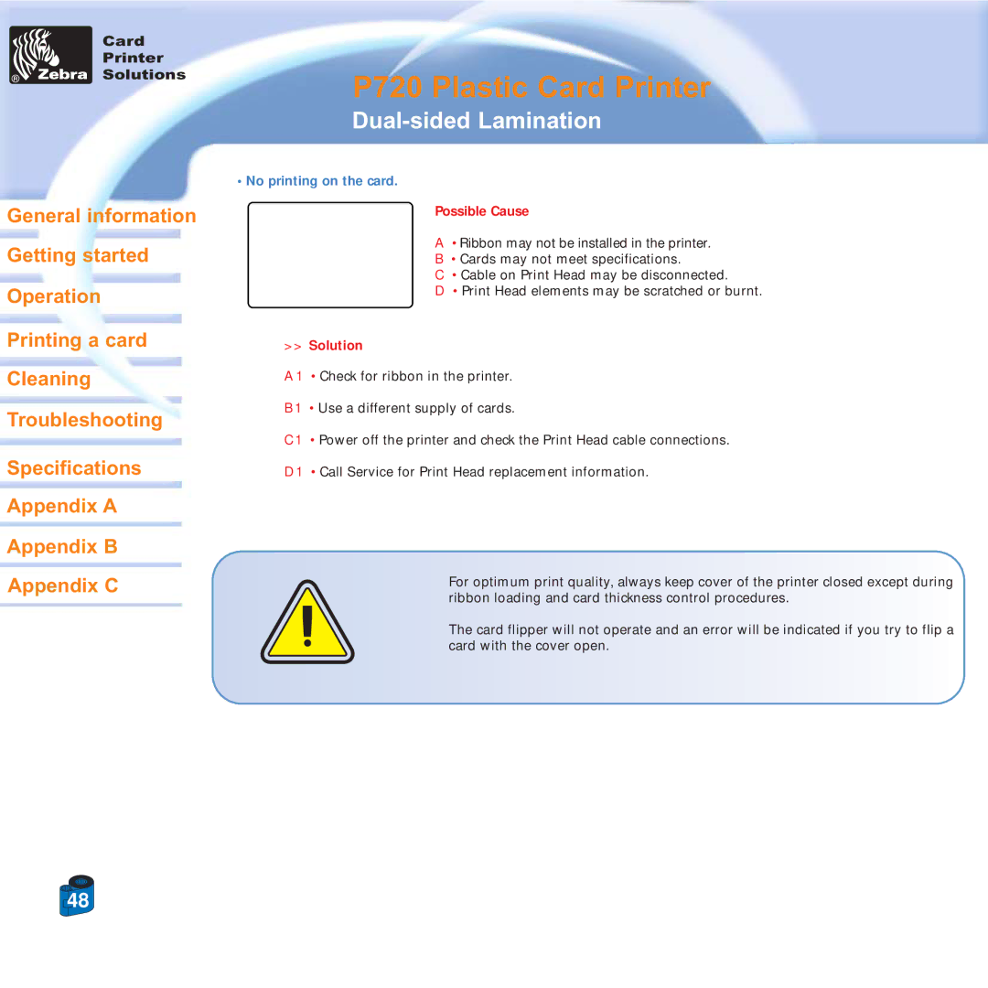 Zebra Technologies P720 specifications No printing on the card 