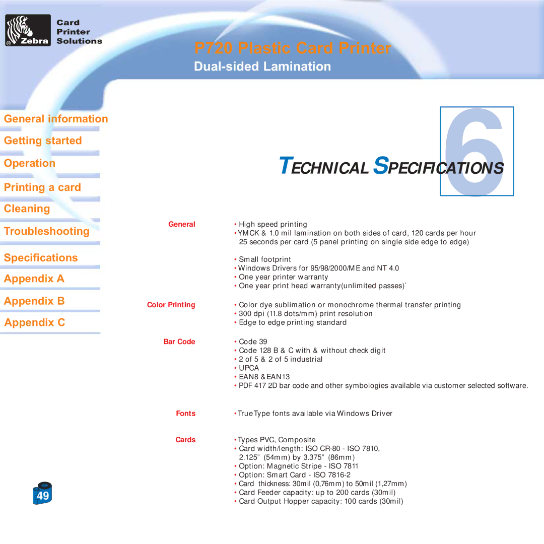 Zebra Technologies P720 specifications Technical Specifications 