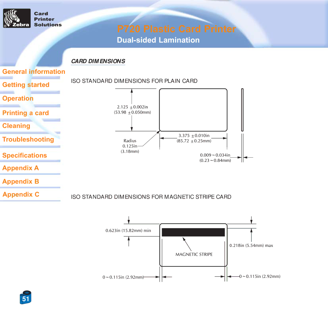 Zebra Technologies P720 specifications Card Dimensions 