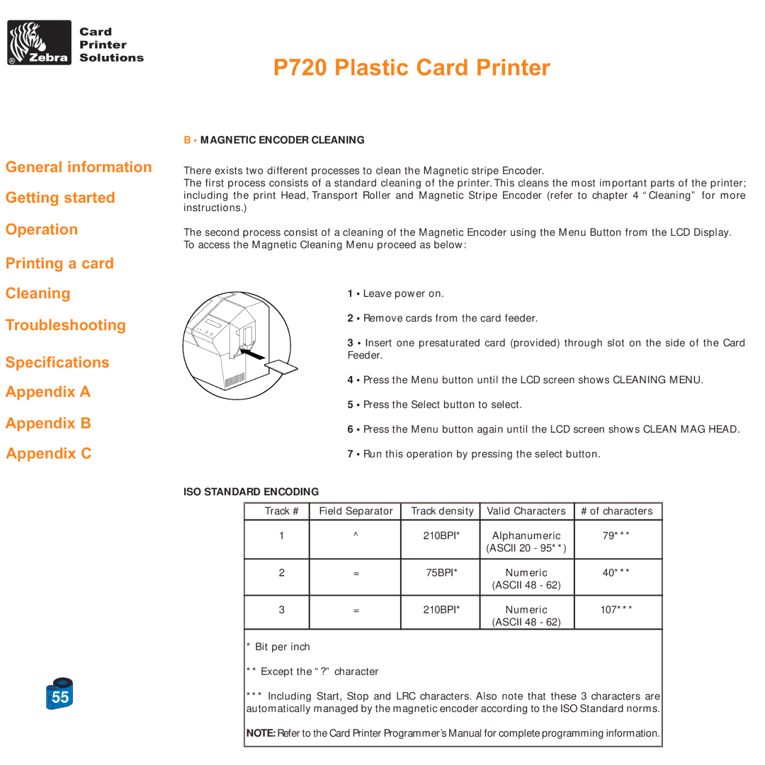 Zebra Technologies P720 specifications Magnetic Encoder Cleaning, ISO Standard Encoding 