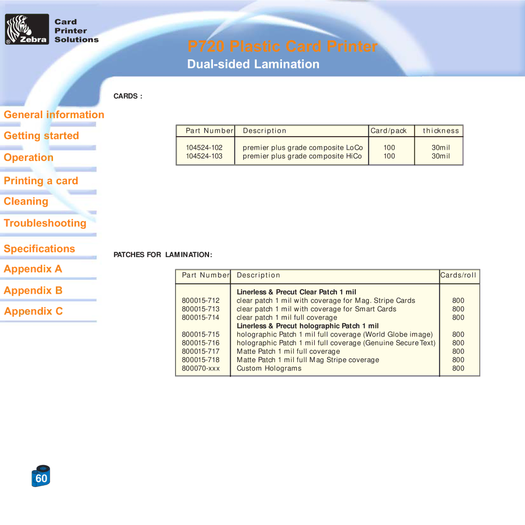 Zebra Technologies P720 specifications Cards, Patches for Lamination 