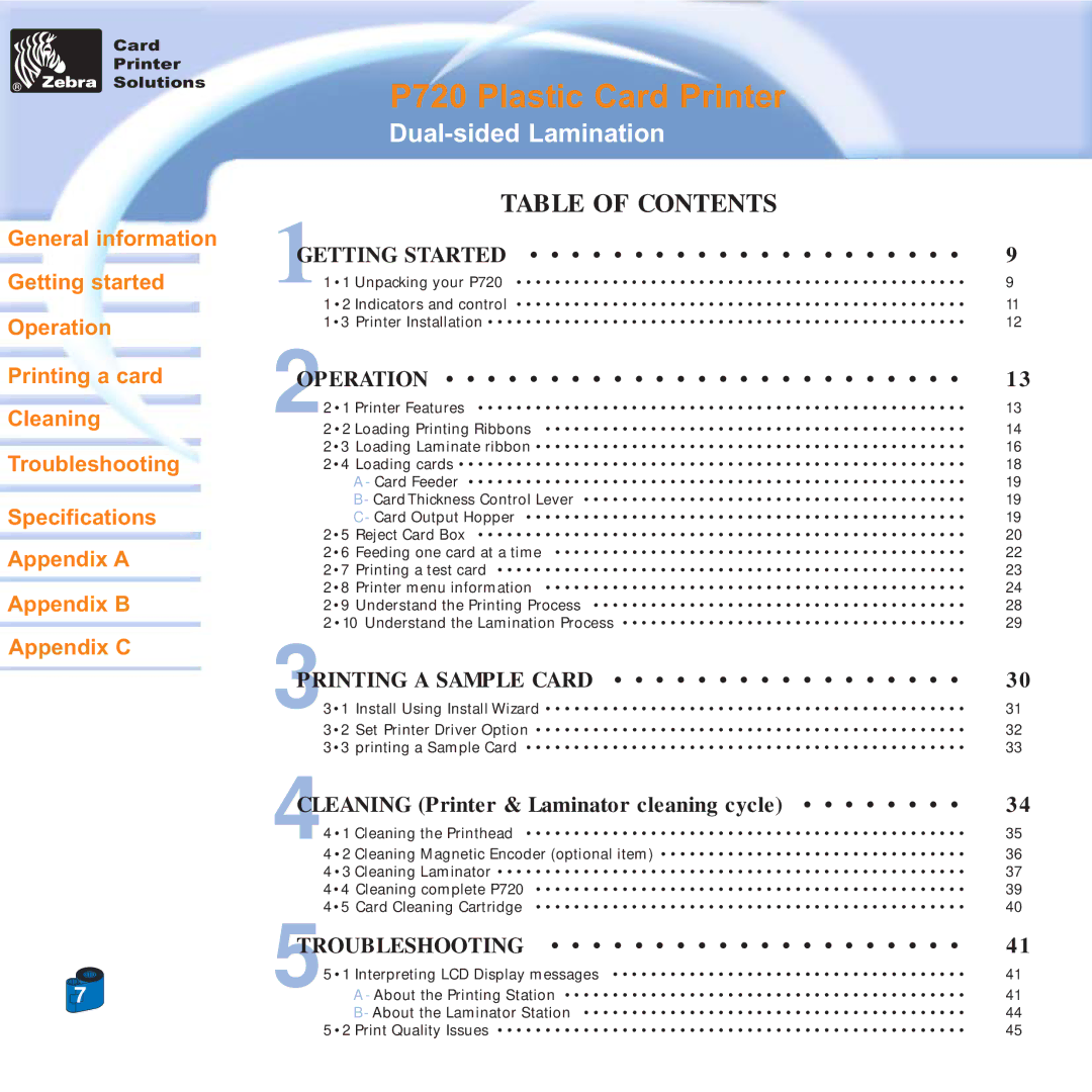 Zebra Technologies P720 specifications Table of Contents 